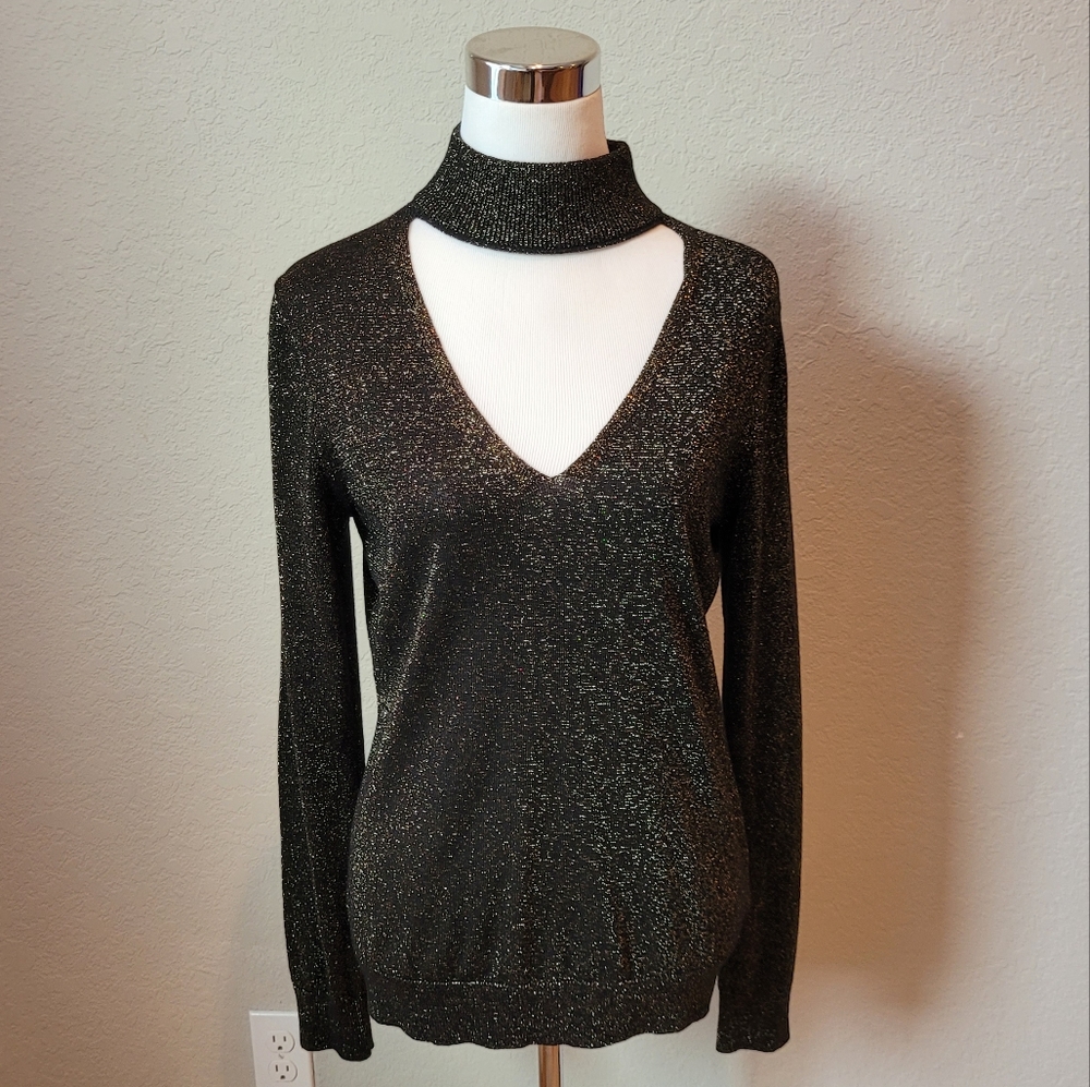Michael Kors Black with Gold Vneck Sweater.  Zip back detail.  NWOT